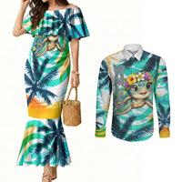 Hawaii Waimanalo Sea Turtle Couples Matching Mermaid Dress and Long Sleeve Button Shirt Cute Tropical Beach Aloha Spirit Cartoon