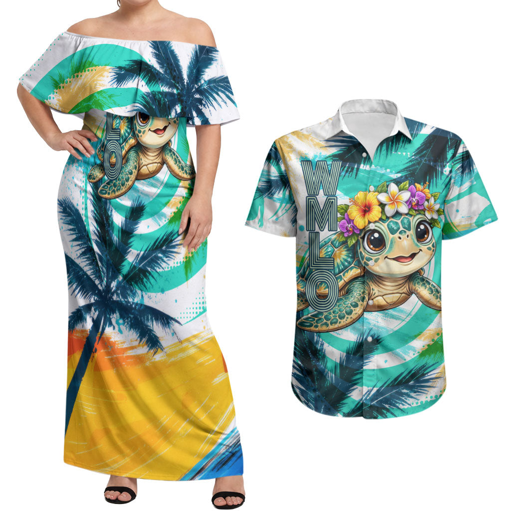 Hawaii Waimanalo Sea Turtle Couples Matching Off Shoulder Maxi Dress and Hawaiian Shirt Cute Tropical Beach Aloha Spirit Cartoon