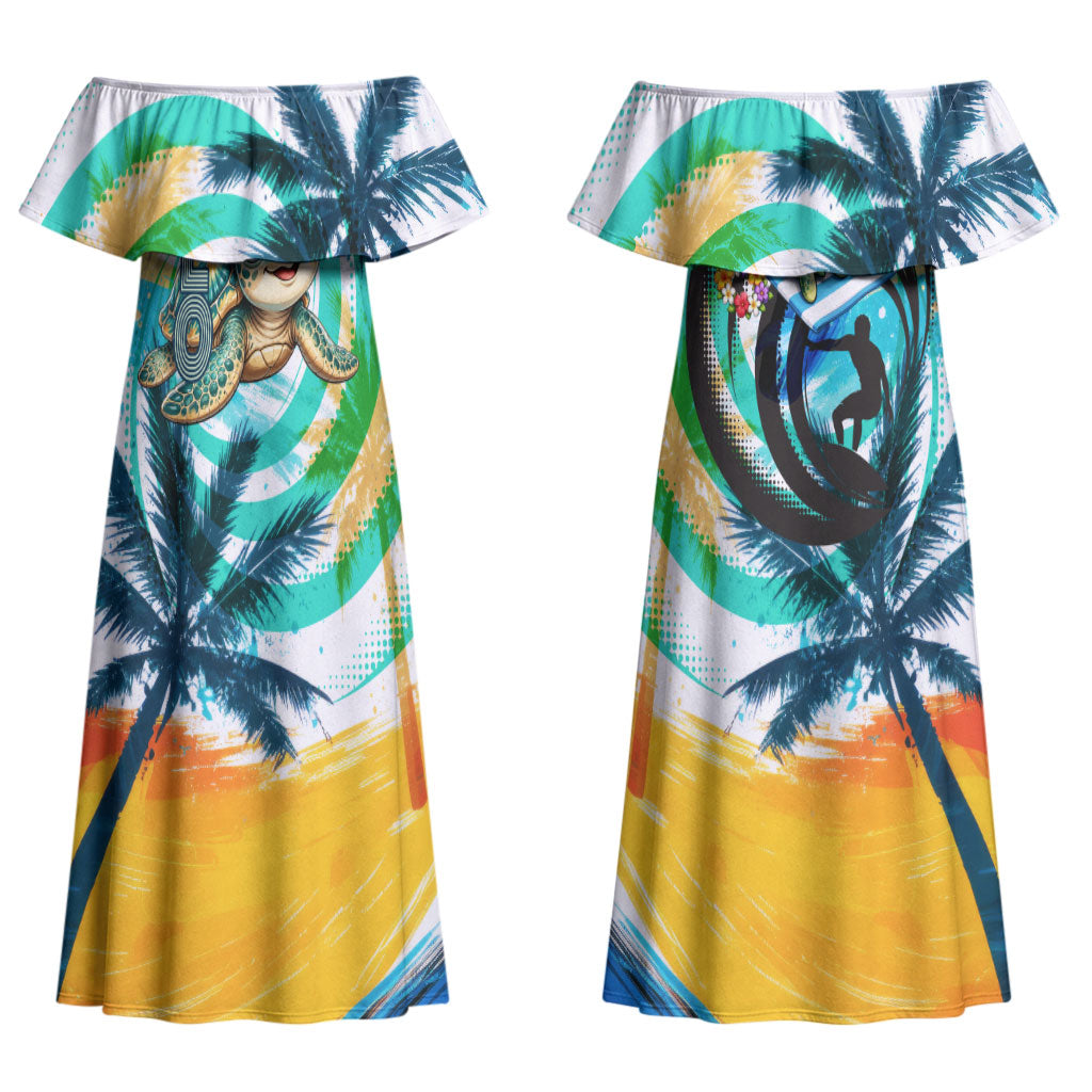 Hawaii Waimanalo Sea Turtle Couples Matching Off Shoulder Maxi Dress and Hawaiian Shirt Cute Tropical Beach Aloha Spirit Cartoon