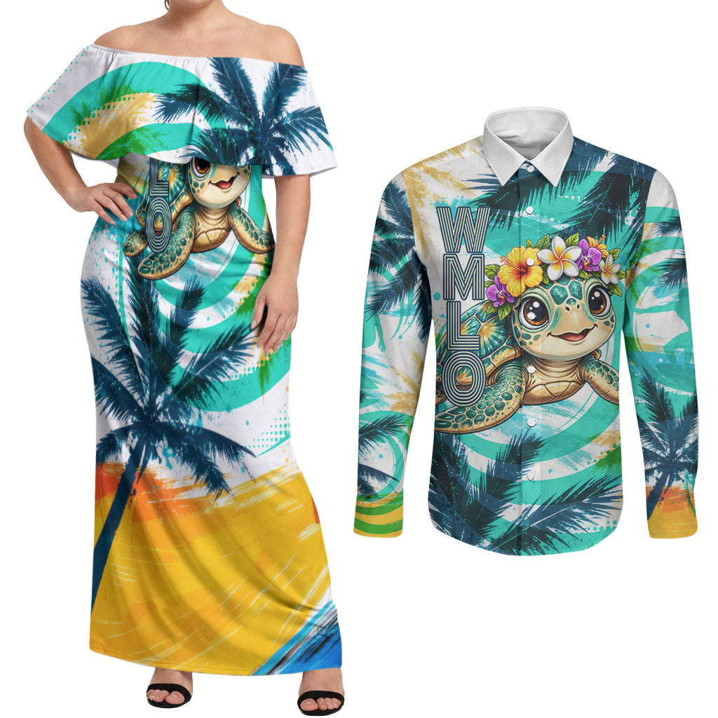 Hawaii Waimanalo Sea Turtle Couples Matching Off Shoulder Maxi Dress and Long Sleeve Button Shirt Cute Tropical Beach Aloha Spirit Cartoon TS04 Green Blue - Polynesian Pride