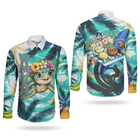 Hawaii Waimanalo Sea Turtle Couples Matching Off Shoulder Maxi Dress and Long Sleeve Button Shirt Cute Tropical Beach Aloha Spirit Cartoon