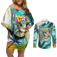 Hawaii Waimanalo Sea Turtle Couples Matching Off Shoulder Short Dress and Long Sleeve Button Shirt Cute Tropical Beach Aloha Spirit Cartoon
