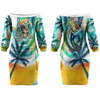 Hawaii Waimanalo Sea Turtle Couples Matching Off The Shoulder Long Sleeve Dress and Hawaiian Shirt Cute Tropical Beach Aloha Spirit Cartoon