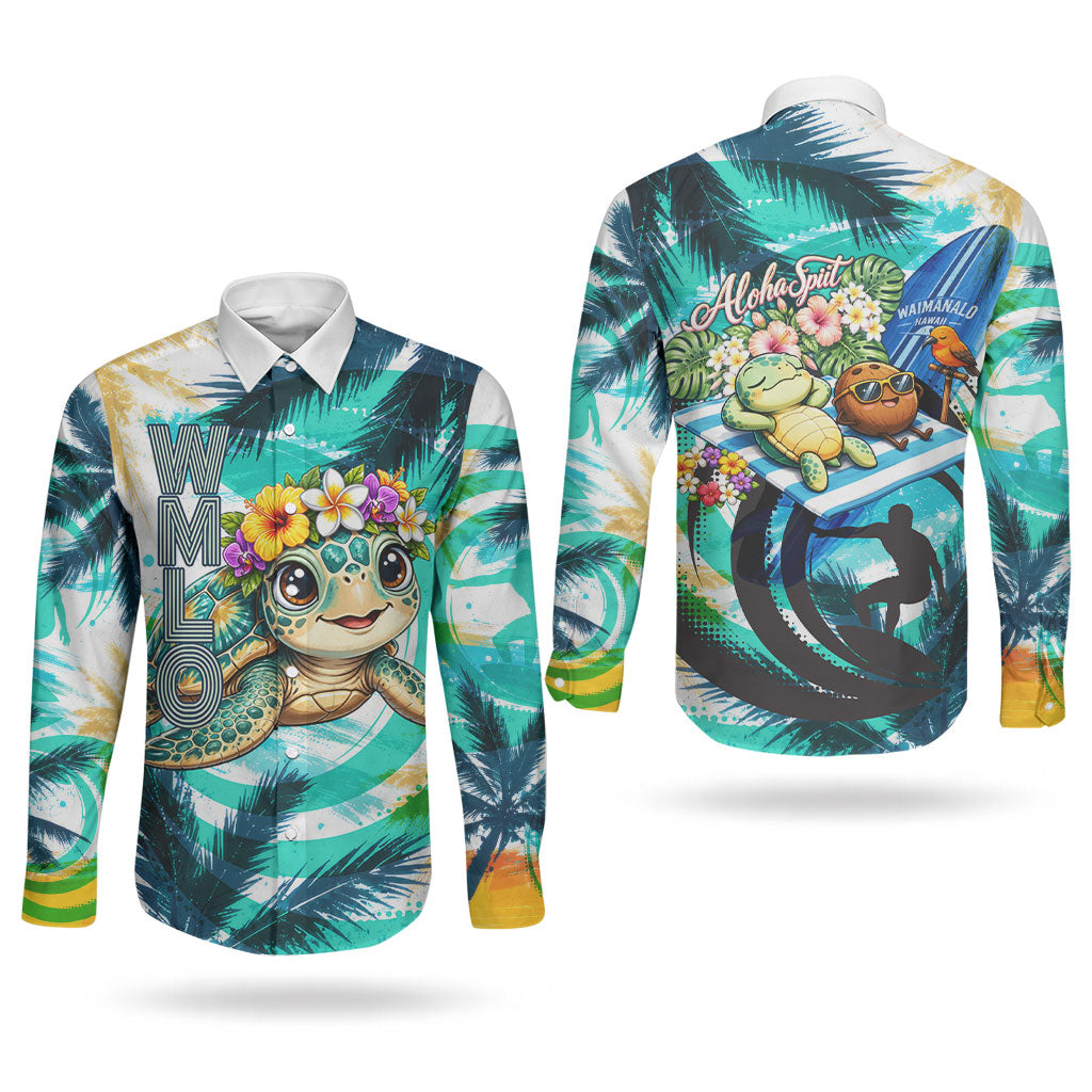 Hawaii Waimanalo Sea Turtle Couples Matching Off The Shoulder Long Sleeve Dress and Long Sleeve Button Shirt Cute Tropical Beach Aloha Spirit Cartoon