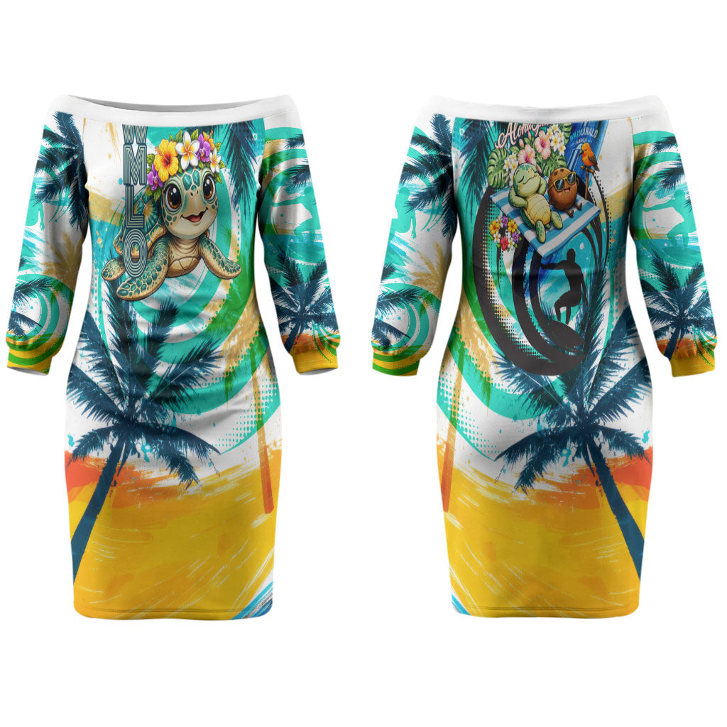 Hawaii Waimanalo Sea Turtle Couples Matching Off The Shoulder Long Sleeve Dress and Long Sleeve Button Shirt Cute Tropical Beach Aloha Spirit Cartoon