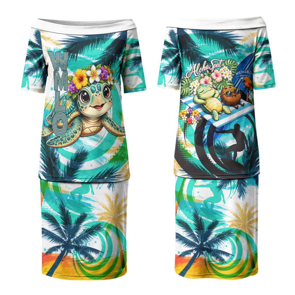 Hawaii Waimanalo Sea Turtle Couples Matching Puletasi and Hawaiian Shirt Cute Tropical Beach Aloha Spirit Cartoon