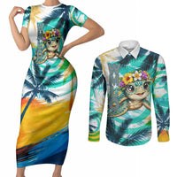 Hawaii Waimanalo Sea Turtle Couples Matching Short Sleeve Bodycon Dress and Long Sleeve Button Shirt Cute Tropical Beach Aloha Spirit Cartoon