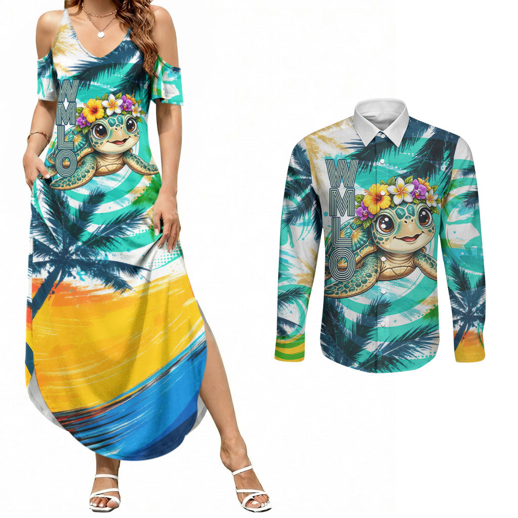 Hawaii Waimanalo Sea Turtle Couples Matching Summer Maxi Dress and Long Sleeve Button Shirt Cute Tropical Beach Aloha Spirit Cartoon