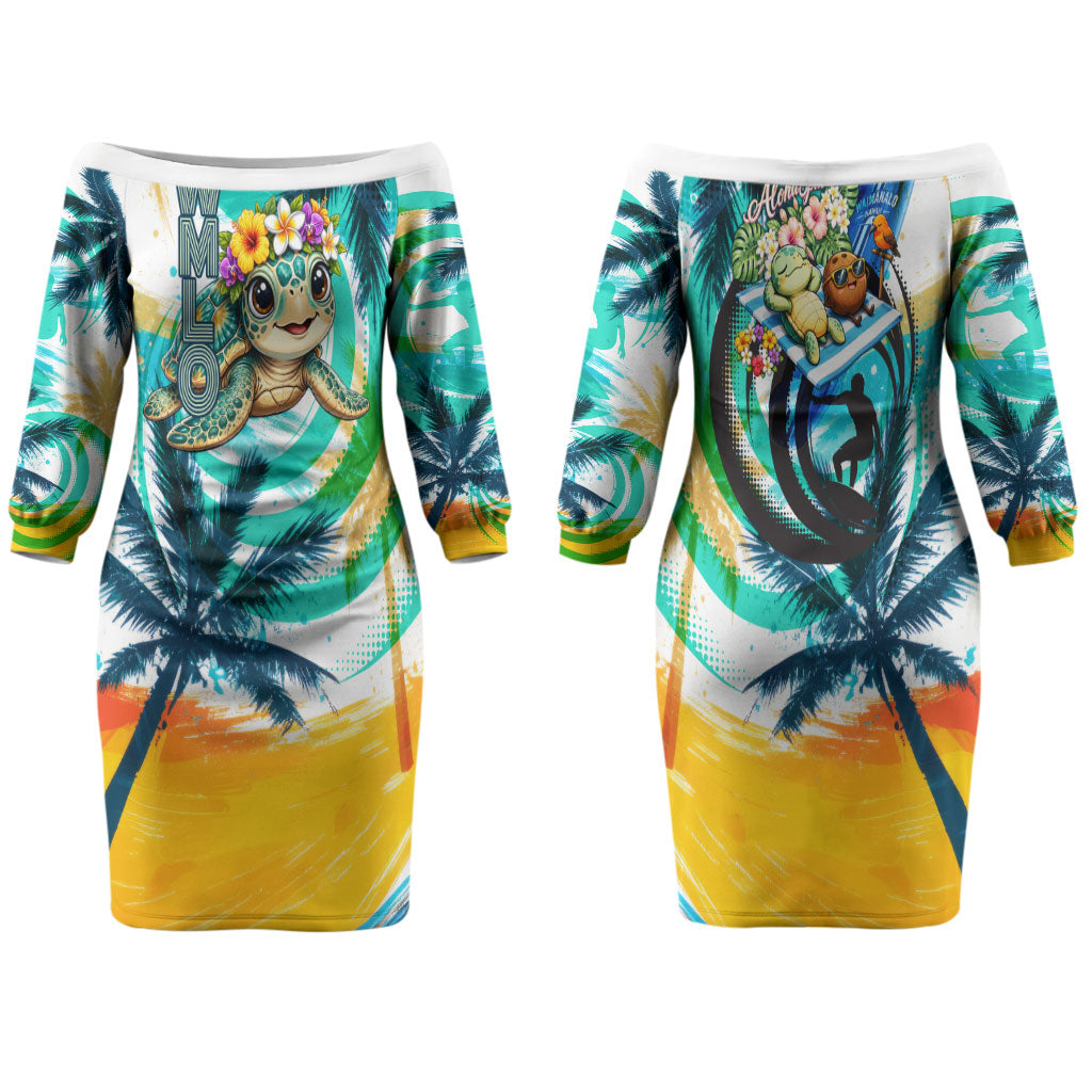 Hawaii Waimanalo Sea Turtle Family Matching Off The Shoulder Long Sleeve Dress and Hawaiian Shirt Cute Tropical Beach Aloha Spirit Cartoon