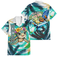 Hawaii Waimanalo Sea Turtle Family Matching Off The Shoulder Long Sleeve Dress and Hawaiian Shirt Cute Tropical Beach Aloha Spirit Cartoon