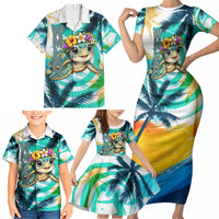 Hawaii Waimanalo Sea Turtle Family Matching Short Sleeve Bodycon Dress and Hawaiian Shirt Cute Tropical Beach Aloha Spirit Cartoon