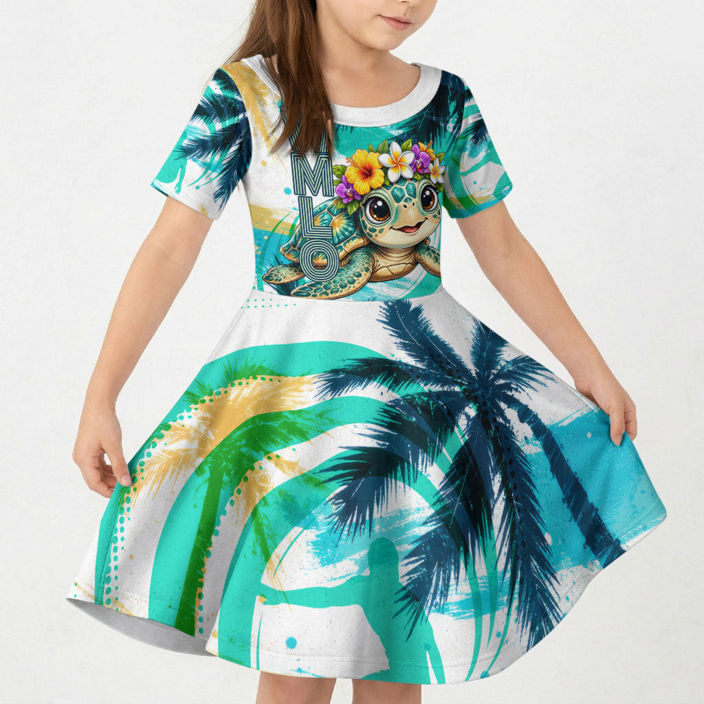 Hawaii Waimanalo Sea Turtle Kid Short Sleeve Dress Cute Tropical Beach Aloha Spirit Cartoon