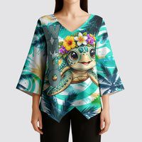 Hawaii Waimanalo Sea Turtle Kimono Sleeve Blouse Cute Tropical Beach Aloha Spirit Cartoon