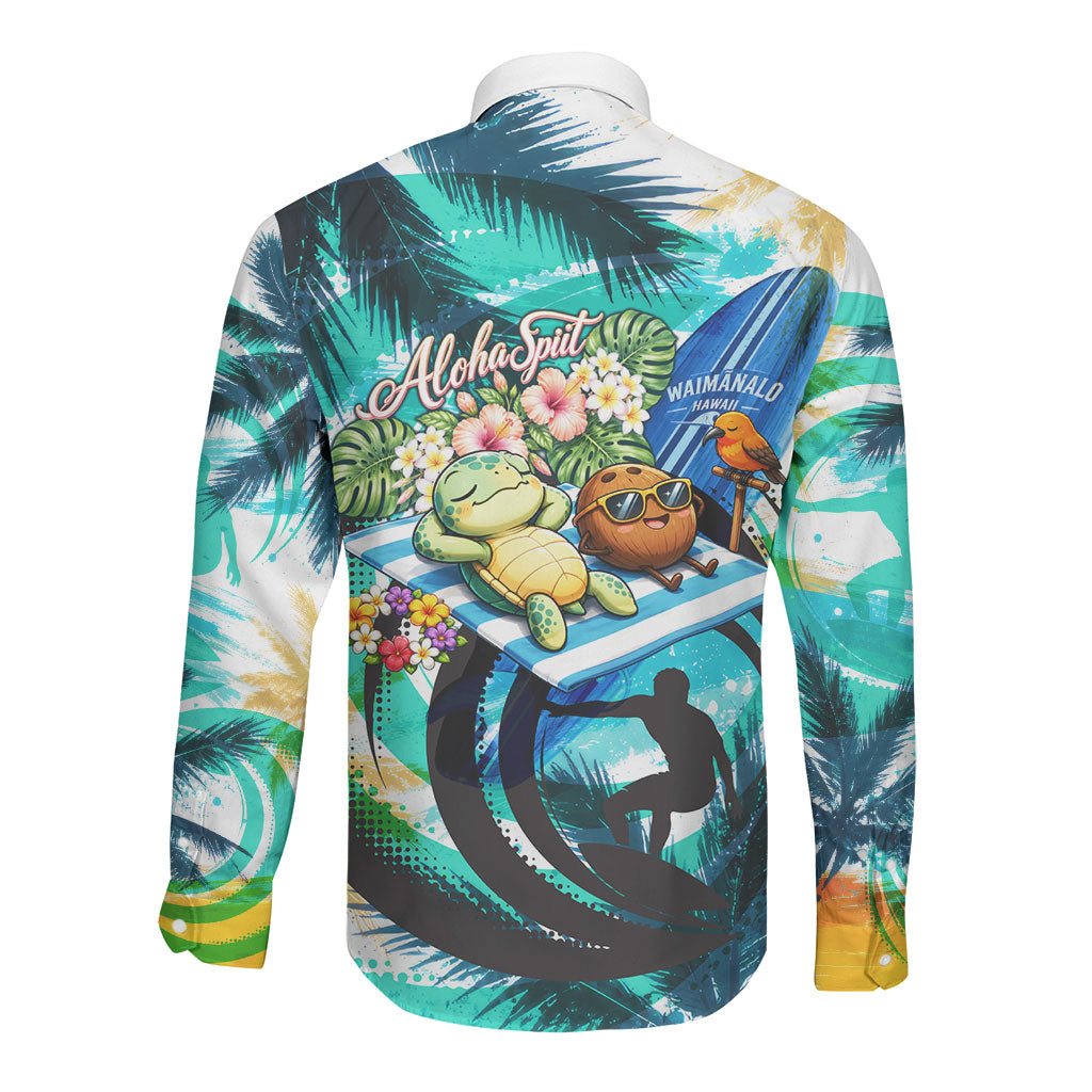 Hawaii Waimanalo Sea Turtle Long Sleeve Button Shirt Cute Tropical Beach Aloha Spirit Cartoon