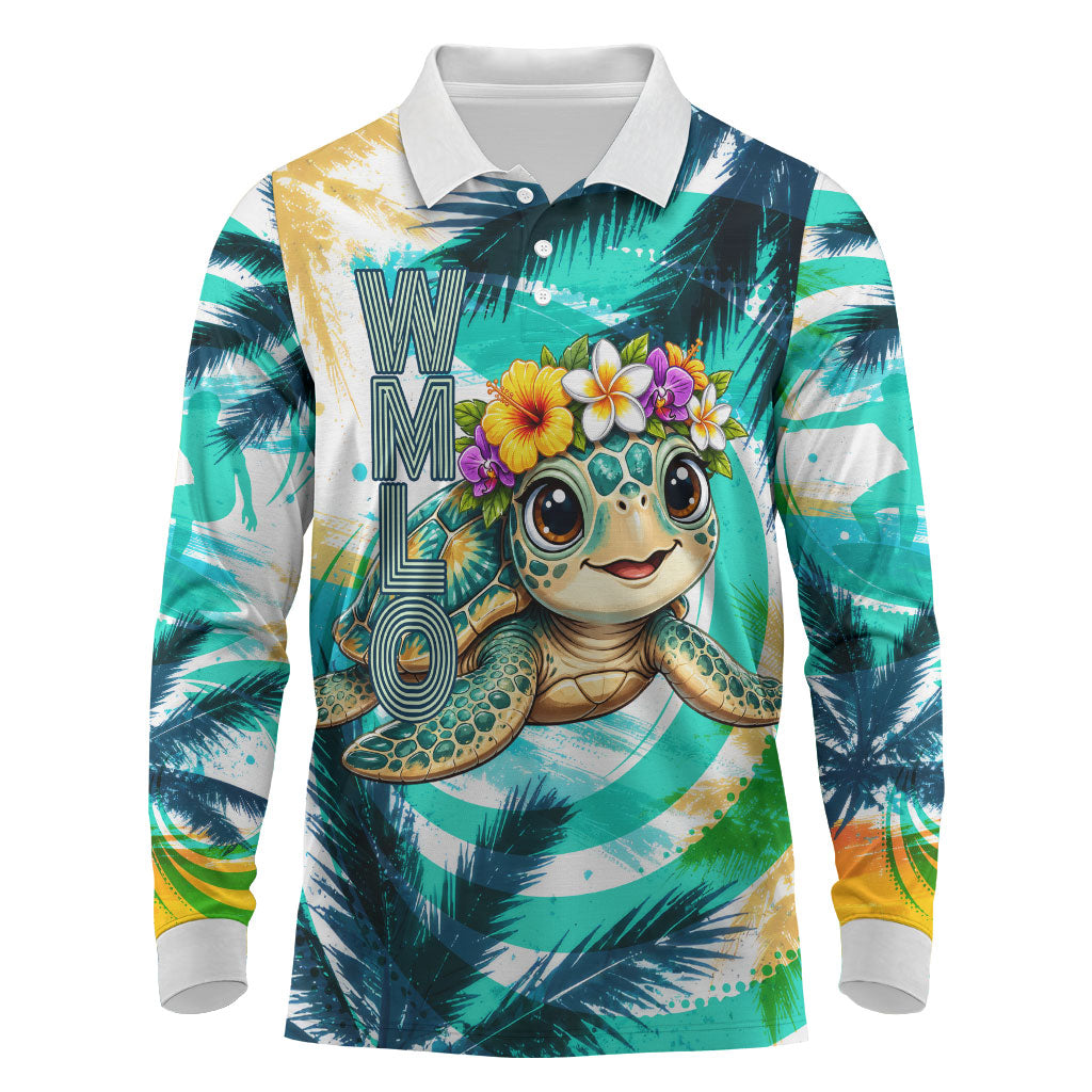 Hawaii Waimanalo Sea Turtle Long Sleeve Polo Shirt Cute Tropical Beach Aloha Spirit Cartoon