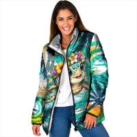 Hawaii Waimanalo Sea Turtle Padded Jacket Cute Tropical Beach Aloha Spirit Cartoon