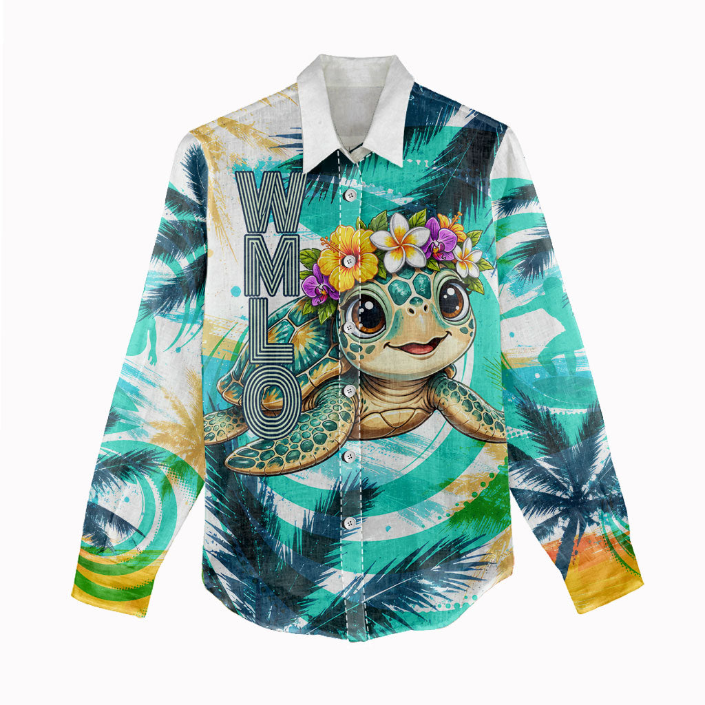 Hawaii Waimanalo Sea Turtle Women Casual Shirt Cute Tropical Beach Aloha Spirit Cartoon