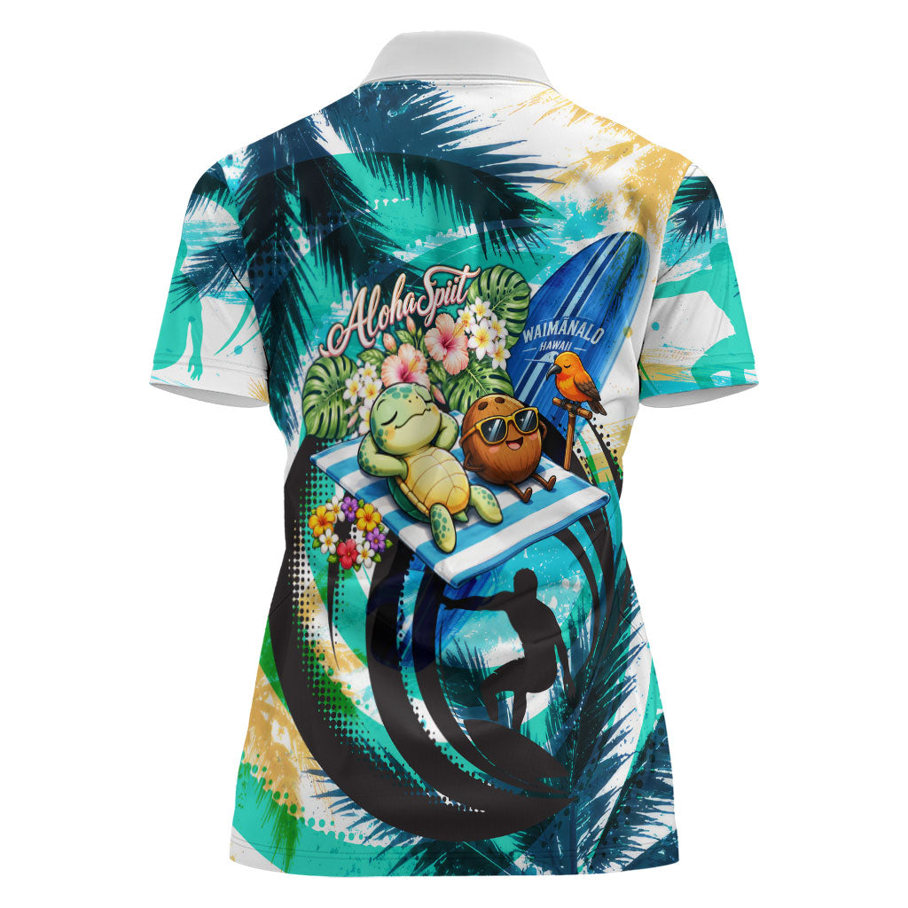 Hawaii Waimanalo Sea Turtle Women Polo Shirt Cute Tropical Beach Aloha Spirit Cartoon