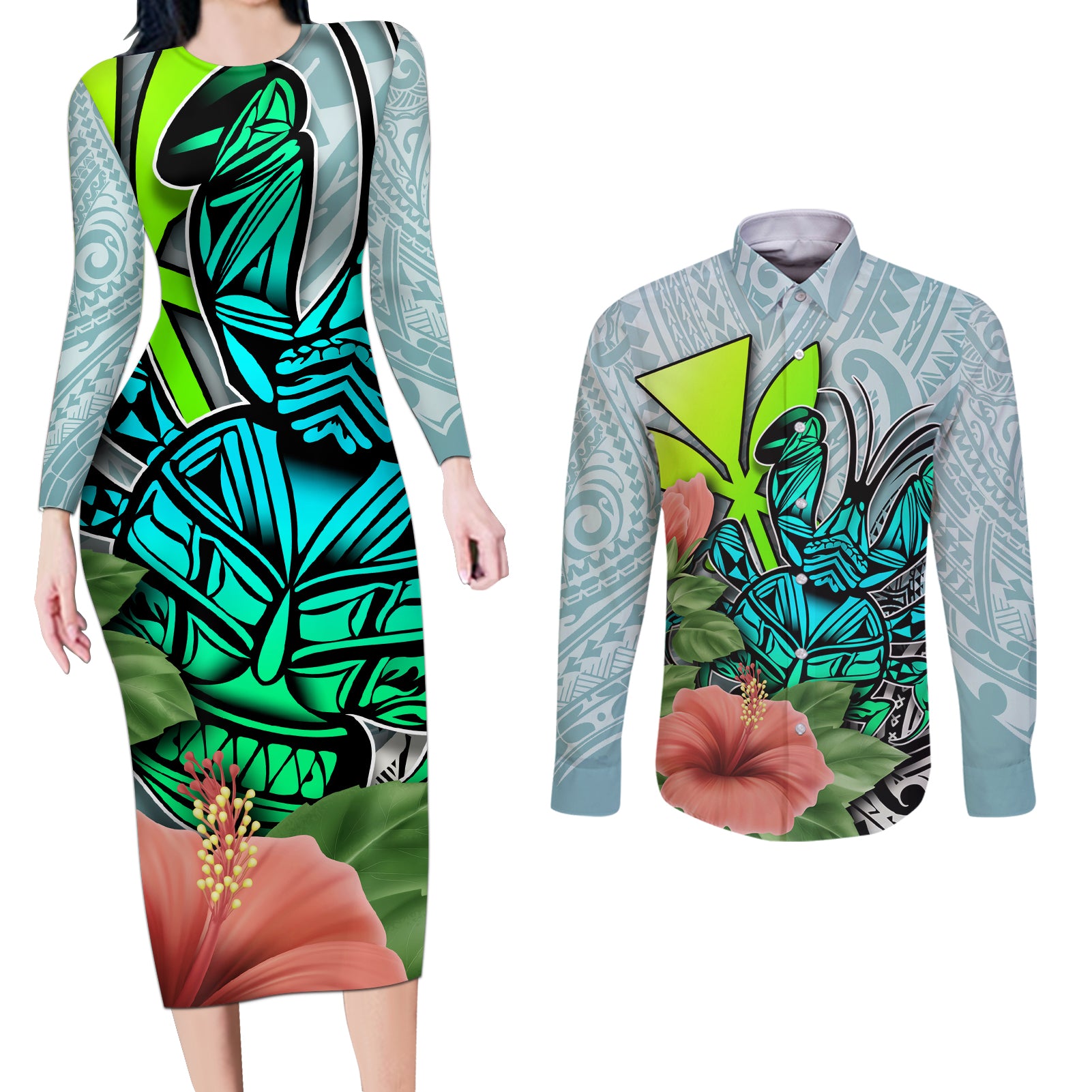 Polynesian Hawaii Couples Matching Long Sleeve Bodycon Dress and Long Sleeve Button Shirt Kanaka with Crab Tribal tattoo TS04 Multicolor - Polynesian Pride