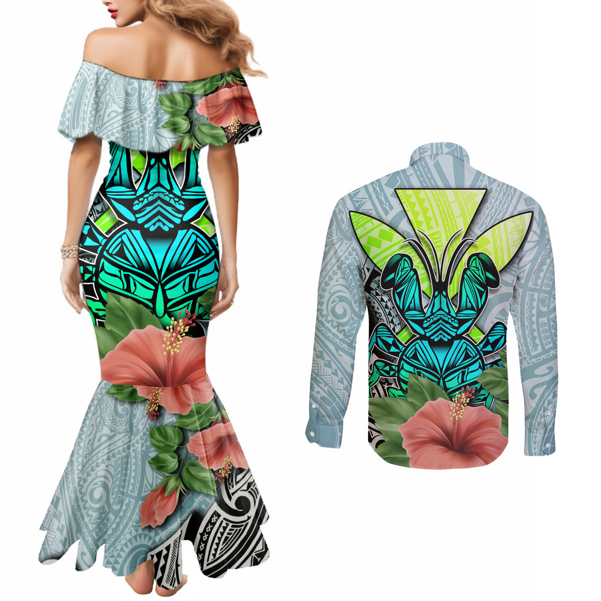 Polynesian Hawaii Couples Matching Mermaid Dress and Long Sleeve Button Shirt Kanaka with Crab Tribal tattoo TS04 - Polynesian Pride