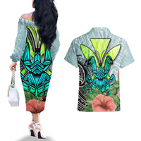 Polynesian Hawaii Couples Matching Off The Shoulder Long Sleeve Dress and Hawaiian Shirt Kanaka with Crab Tribal tattoo TS04 - Polynesian Pride