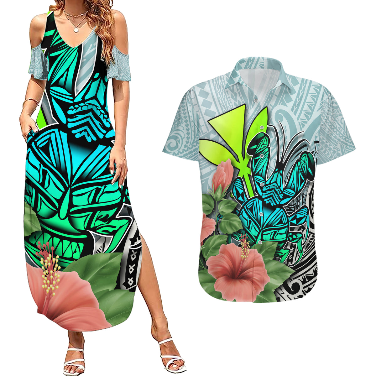 Polynesian Hawaii Couples Matching Summer Maxi Dress and Hawaiian Shirt Kanaka with Crab Tribal tattoo TS04 Multicolor - Polynesian Pride