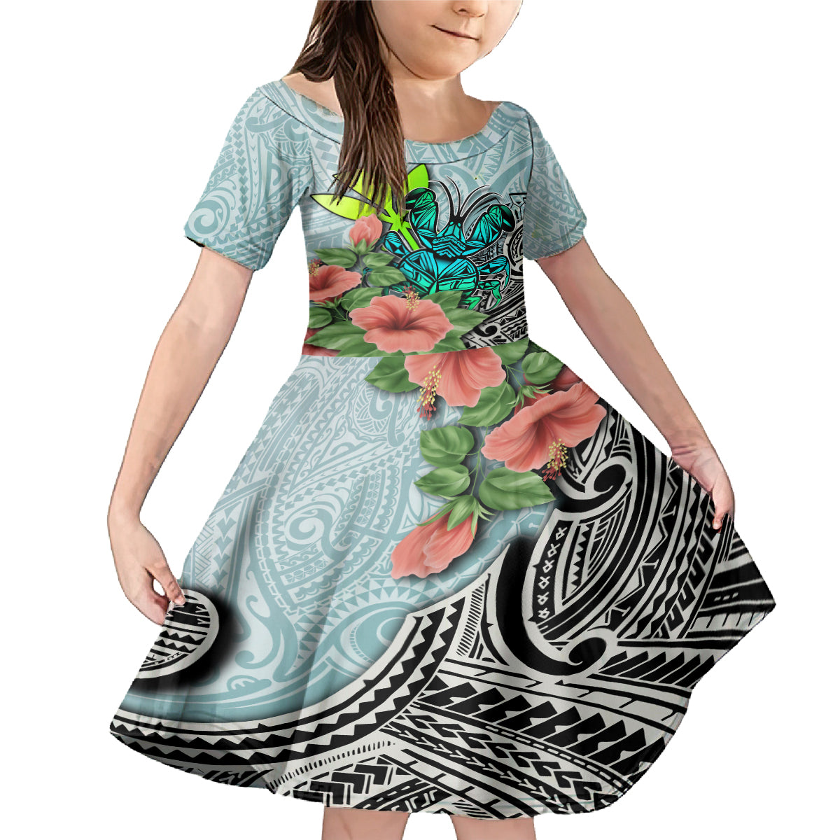 Polynesian Hawaii Family Matching Mermaid Dress and Hawaiian Shirt Kanaka with Crab Tribal tattoo TS04 Daughter's Dress Multicolor - Polynesian Pride