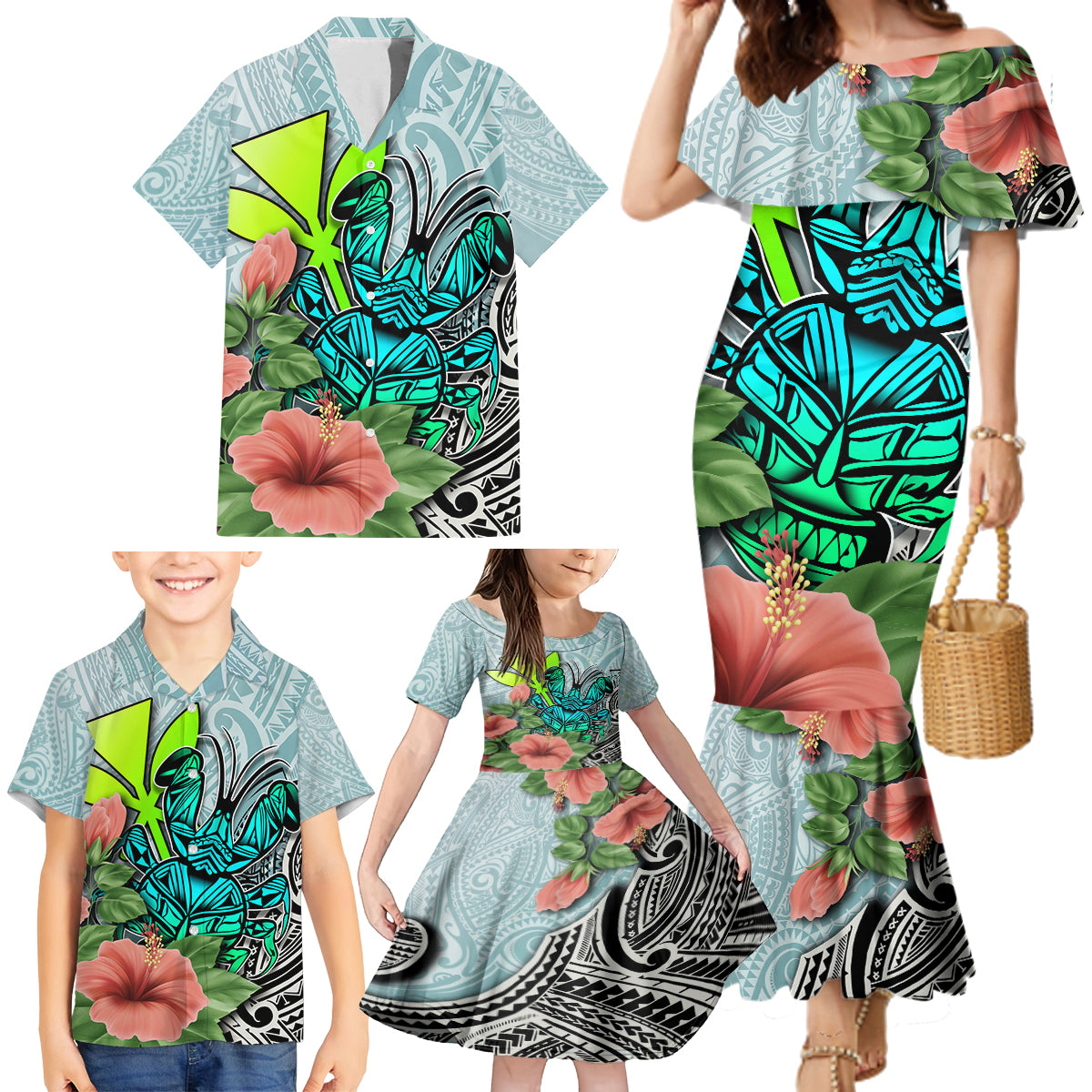 Polynesian Hawaii Family Matching Mermaid Dress and Hawaiian Shirt Kanaka with Crab Tribal tattoo TS04 - Polynesian Pride