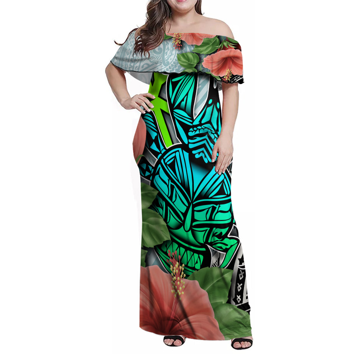 Polynesian Hawaii Family Matching Off Shoulder Maxi Dress and Hawaiian Shirt Kanaka with Crab Tribal tattoo TS04 Mom's Dress Multicolor - Polynesian Pride