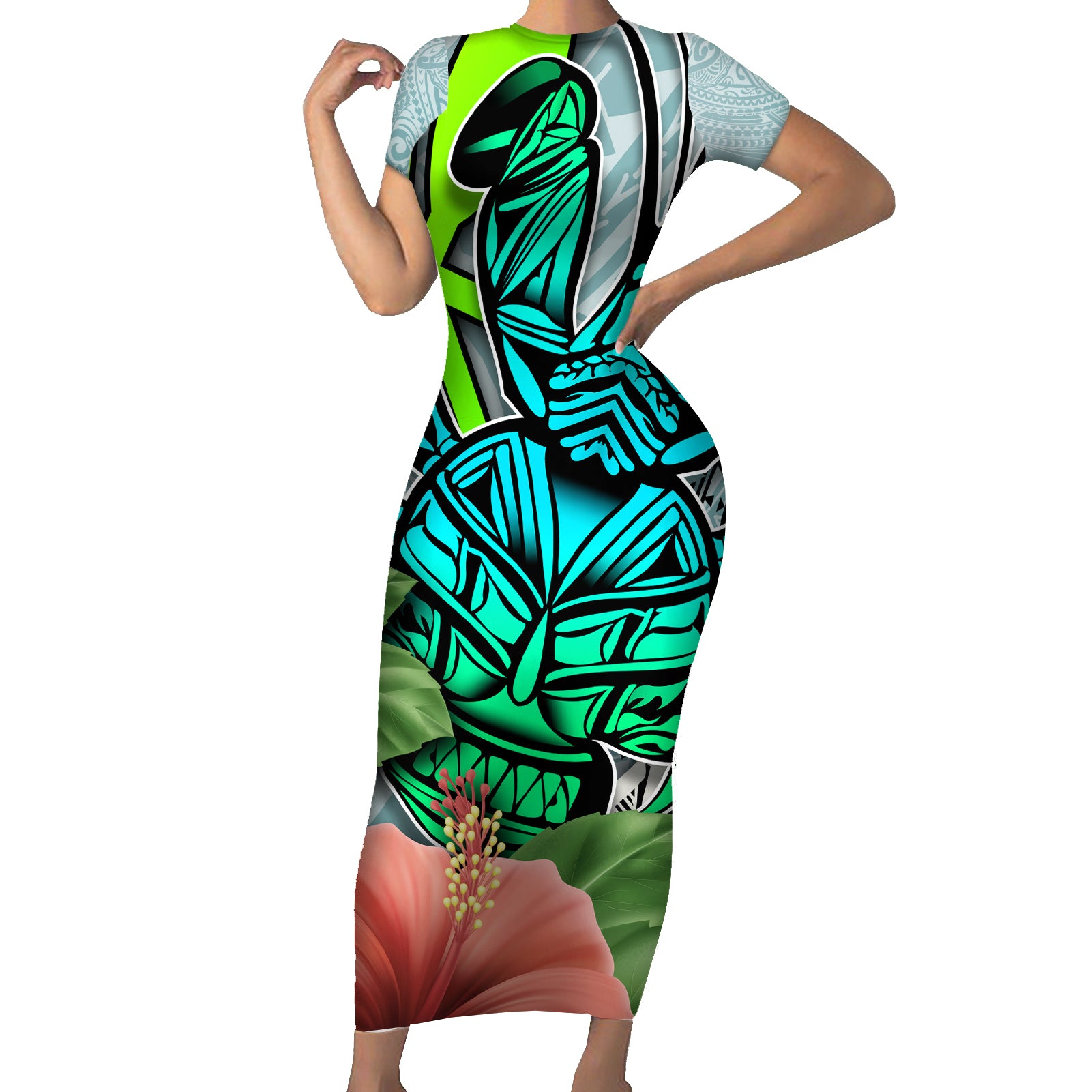 Polynesian Hawaii Short Sleeve Bodycon Dress Kanaka with Crab Tribal tattoo TS04 Long Dress Multicolor - Polynesian Pride