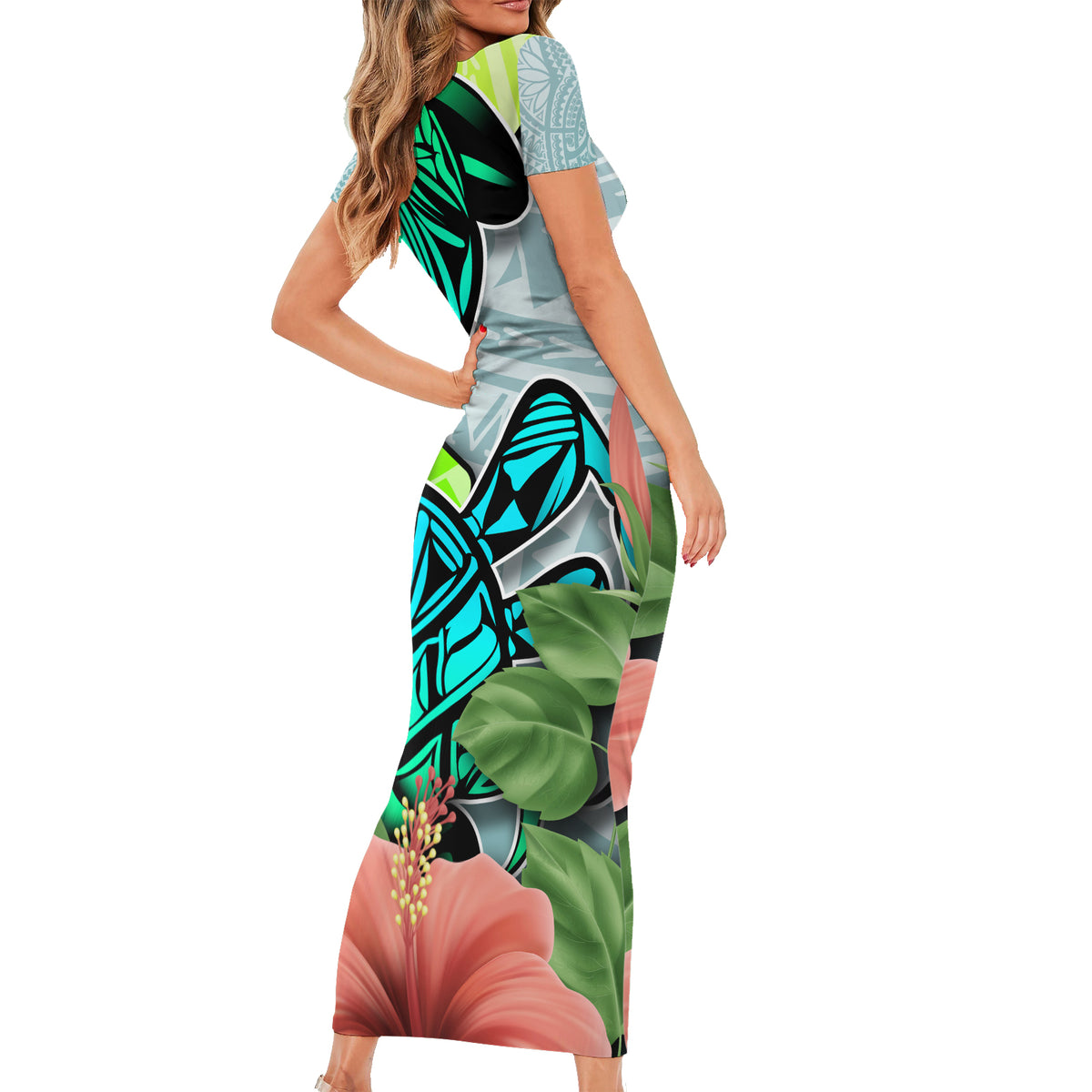 Polynesian Hawaii Short Sleeve Bodycon Dress Kanaka with Crab Tribal tattoo TS04 - Polynesian Pride