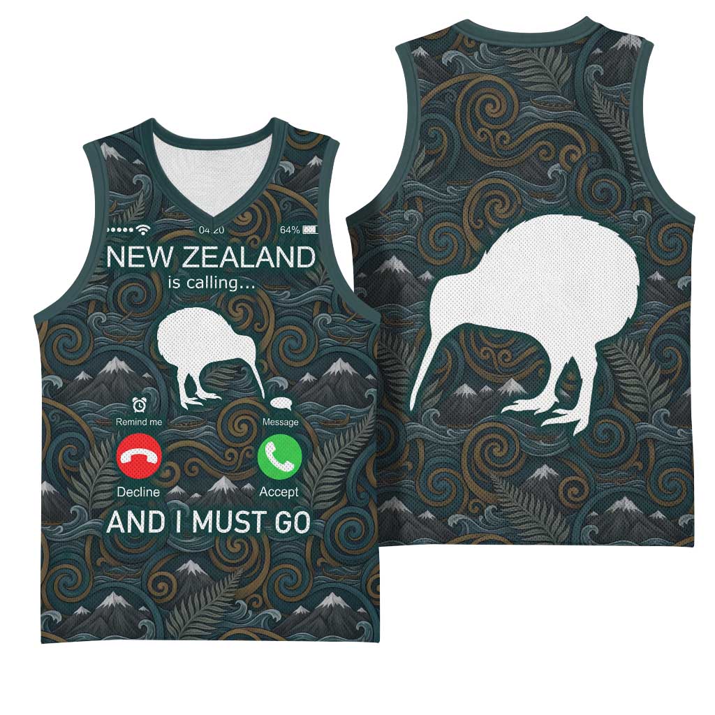 New Zealand is Calling and I Must Go Basketball Jersey Kiwi Bird Silhouette