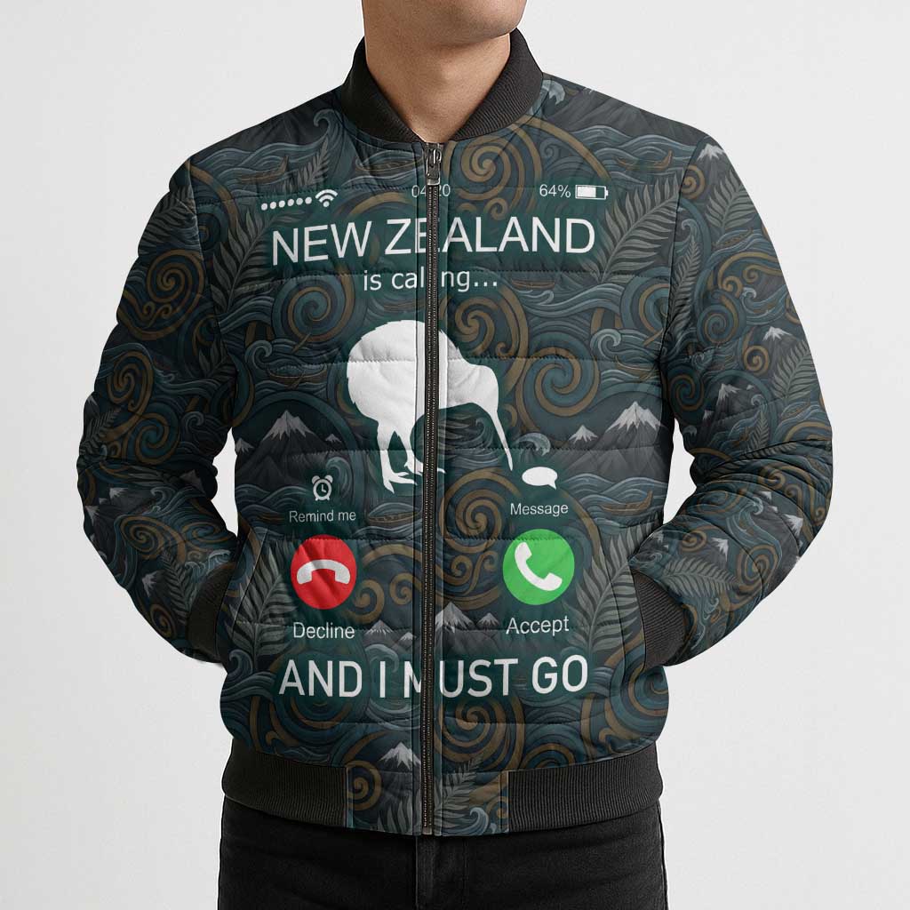 New Zealand is Calling and I Must Go Bomber Puffer Jacket Kiwi Bird Silhouette