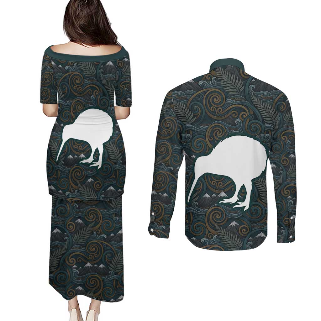 New Zealand is Calling and I Must Go Couples Matching Puletasi and Long Sleeve Button Shirt Kiwi Bird Silhouette