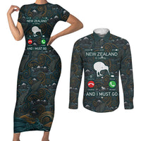 New Zealand is Calling and I Must Go Couples Matching Short Sleeve Bodycon Dress and Long Sleeve Button Shirt Kiwi Bird Silhouette