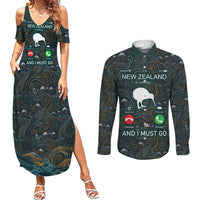 New Zealand is Calling and I Must Go Couples Matching Summer Maxi Dress and Long Sleeve Button Shirt Kiwi Bird Silhouette