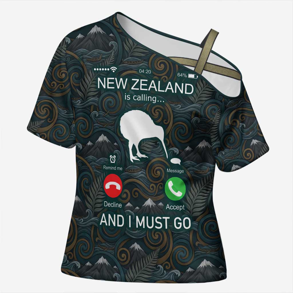 New Zealand is Calling and I Must Go Cross Shoulder Shirt Kiwi Bird Silhouette TS04 Female Multicolor - Polynesian Pride