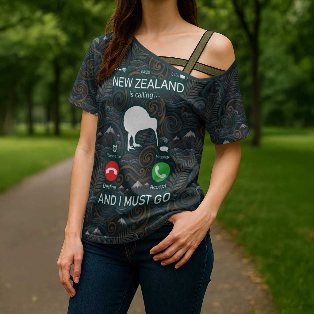 New Zealand is Calling and I Must Go Cross Shoulder Shirt Kiwi Bird Silhouette