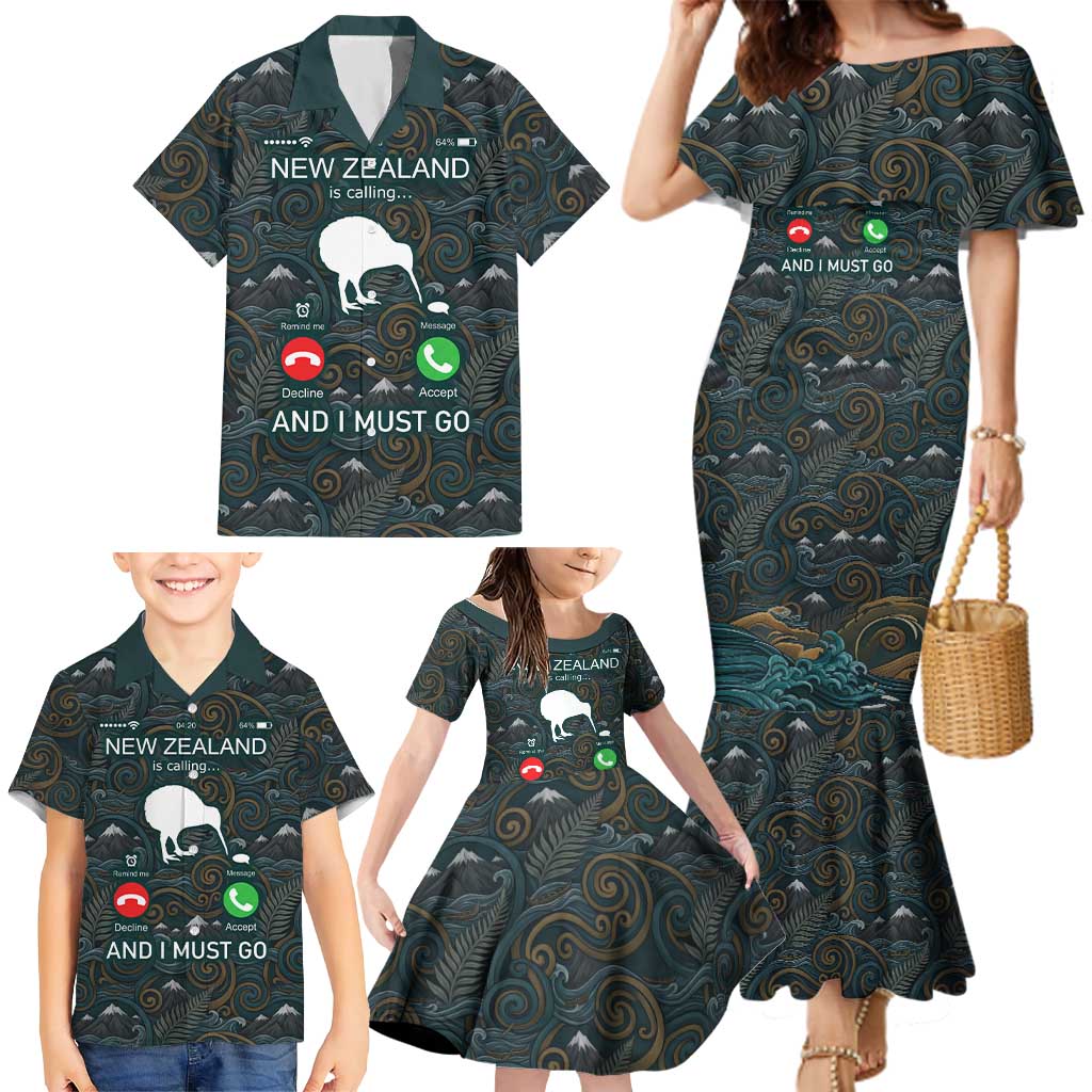 New Zealand is Calling and I Must Go Family Matching Mermaid Dress and Hawaiian Shirt Kiwi Bird Silhouette TS04 - Polynesian Pride