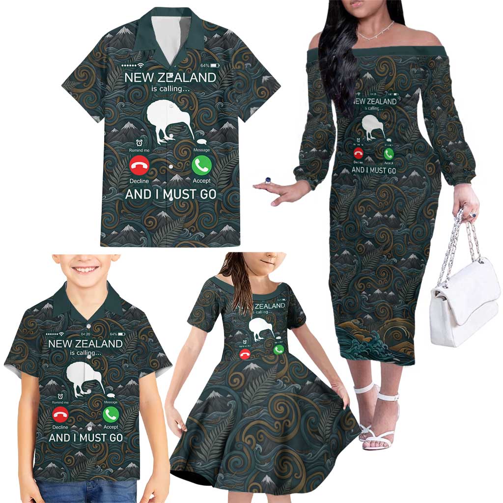 New Zealand is Calling and I Must Go Family Matching Off The Shoulder Long Sleeve Dress and Hawaiian Shirt Kiwi Bird Silhouette TS04 - Polynesian Pride