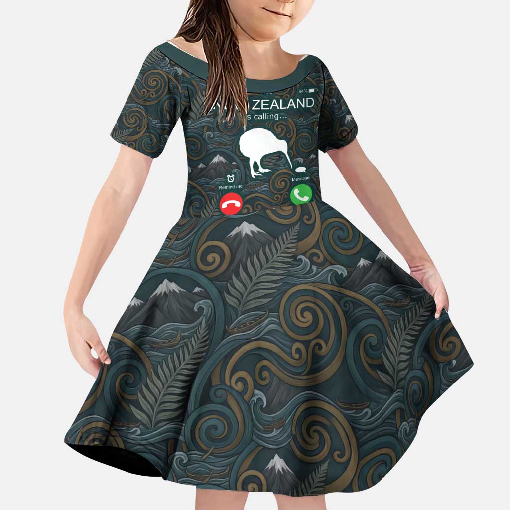 New Zealand is Calling and I Must Go Family Matching Off Shoulder Short Dress and Hawaiian Shirt Kiwi Bird Silhouette TS04 Daughter's Dress Multicolor - Polynesian Pride