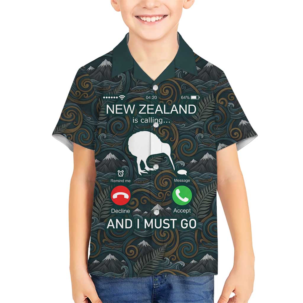 New Zealand is Calling and I Must Go Family Matching Off Shoulder Short Dress and Hawaiian Shirt Kiwi Bird Silhouette TS04 Son's Shirt Multicolor - Polynesian Pride