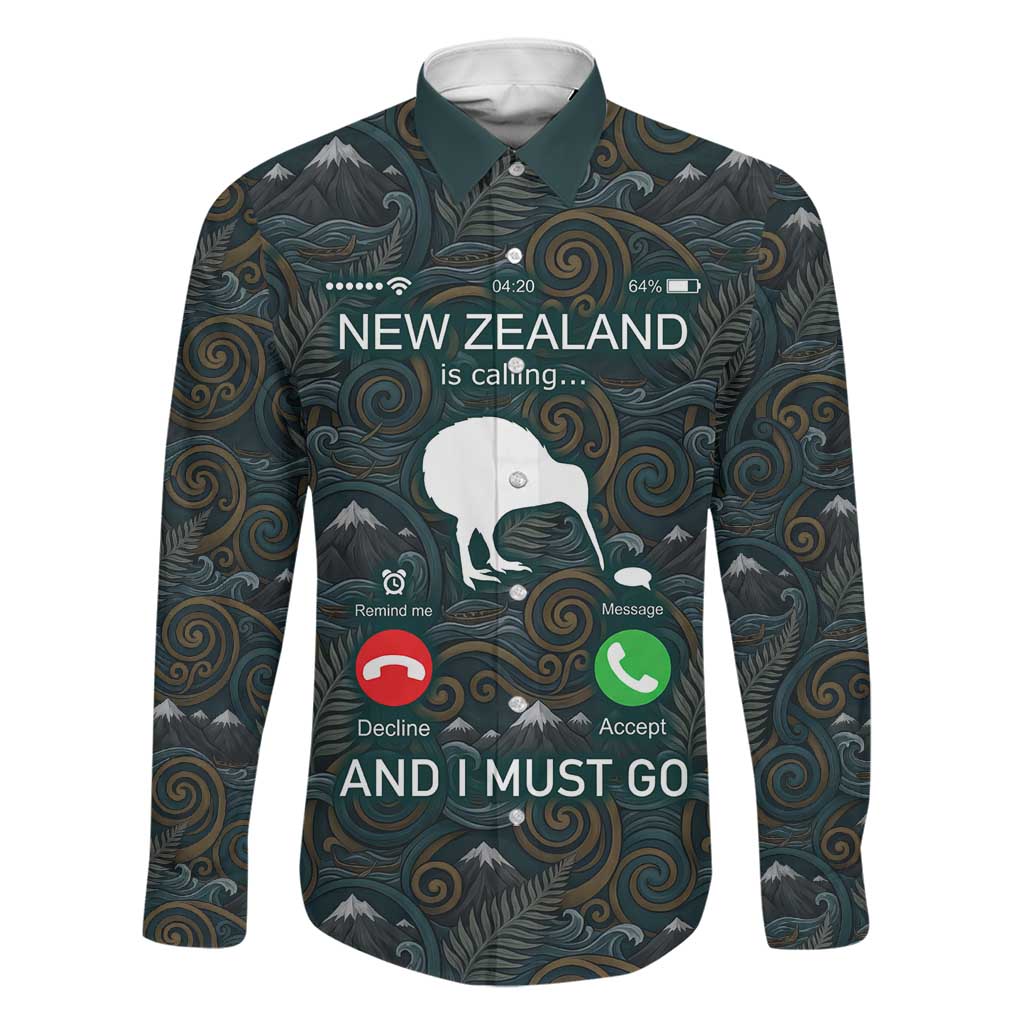 New Zealand is Calling and I Must Go Family Matching Summer Maxi Dress and Hawaiian Shirt Kiwi Bird Silhouette TS04 Dad's Shirt - Long Sleeve Multicolor - Polynesian Pride
