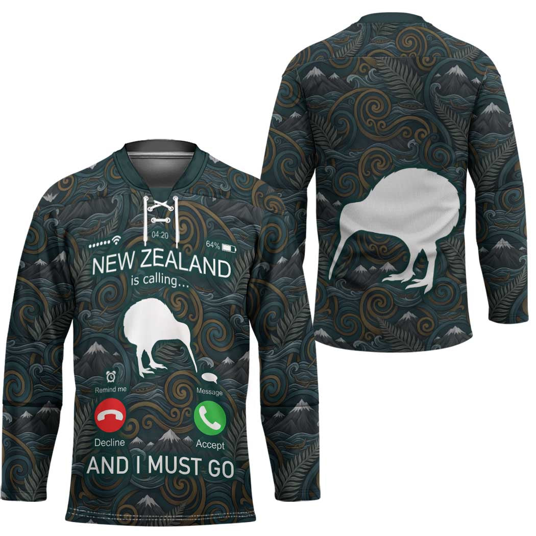 New Zealand is Calling and I Must Go Hockey Jersey Kiwi Bird Silhouette