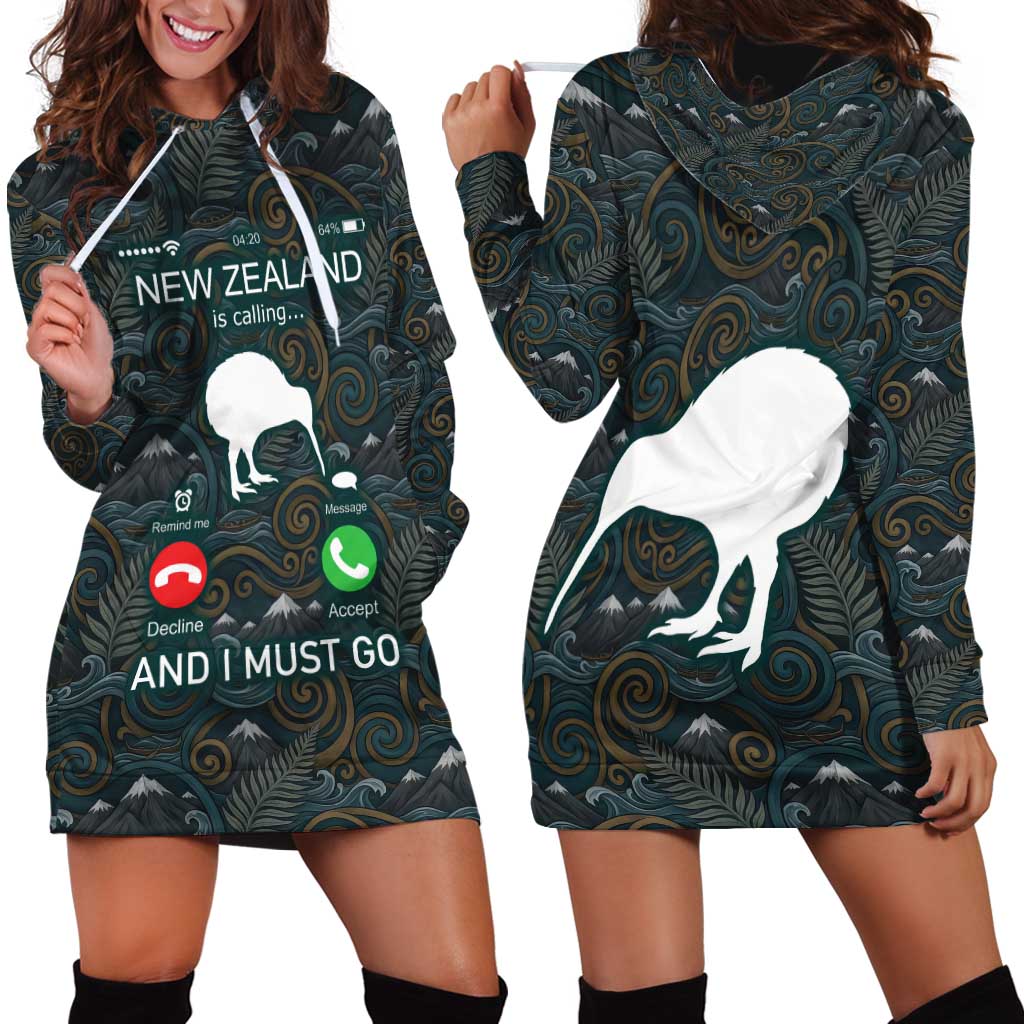 New Zealand is Calling and I Must Go Hoodie Dress Kiwi Bird Silhouette