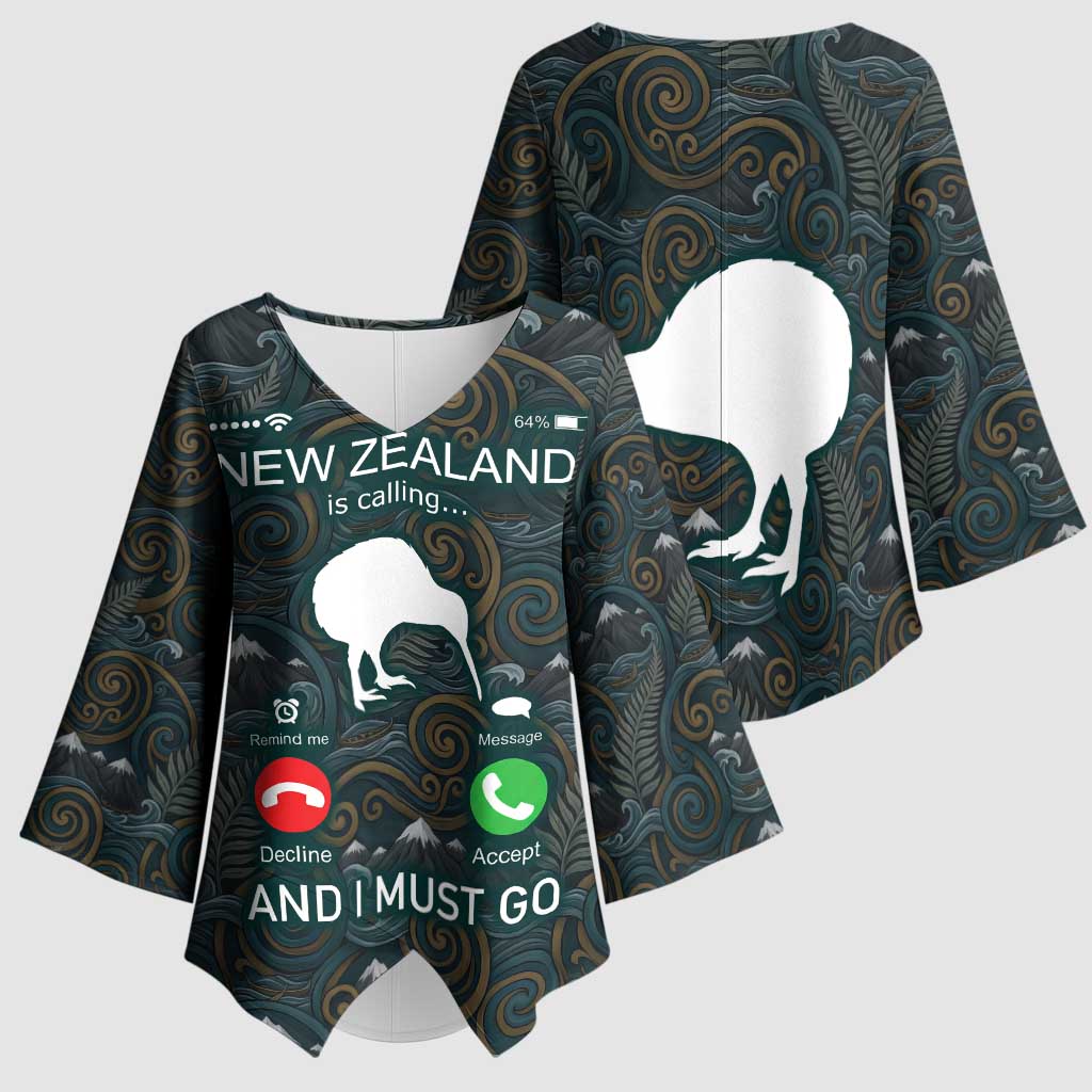 New Zealand is Calling and I Must Go Kimono Sleeve Blouse Kiwi Bird Silhouette