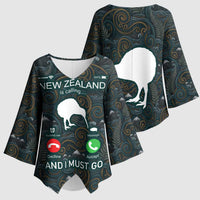 New Zealand is Calling and I Must Go Kimono Sleeve Blouse Kiwi Bird Silhouette