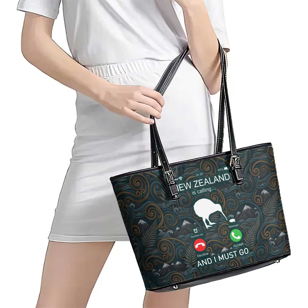New Zealand is Calling and I Must Go Leather Tote Bag Kiwi Bird Silhouette