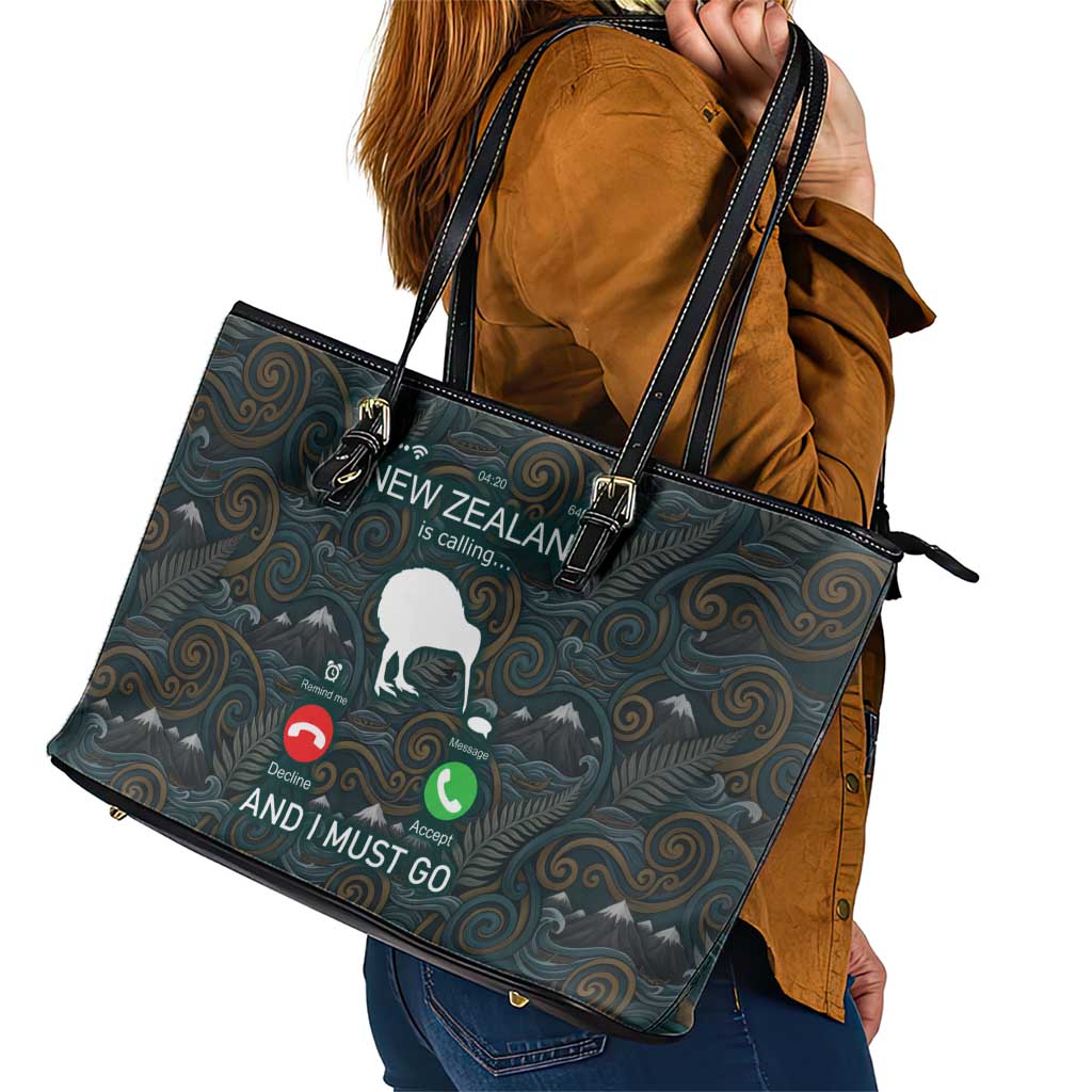 New Zealand is Calling and I Must Go Leather Tote Bag Kiwi Bird Silhouette