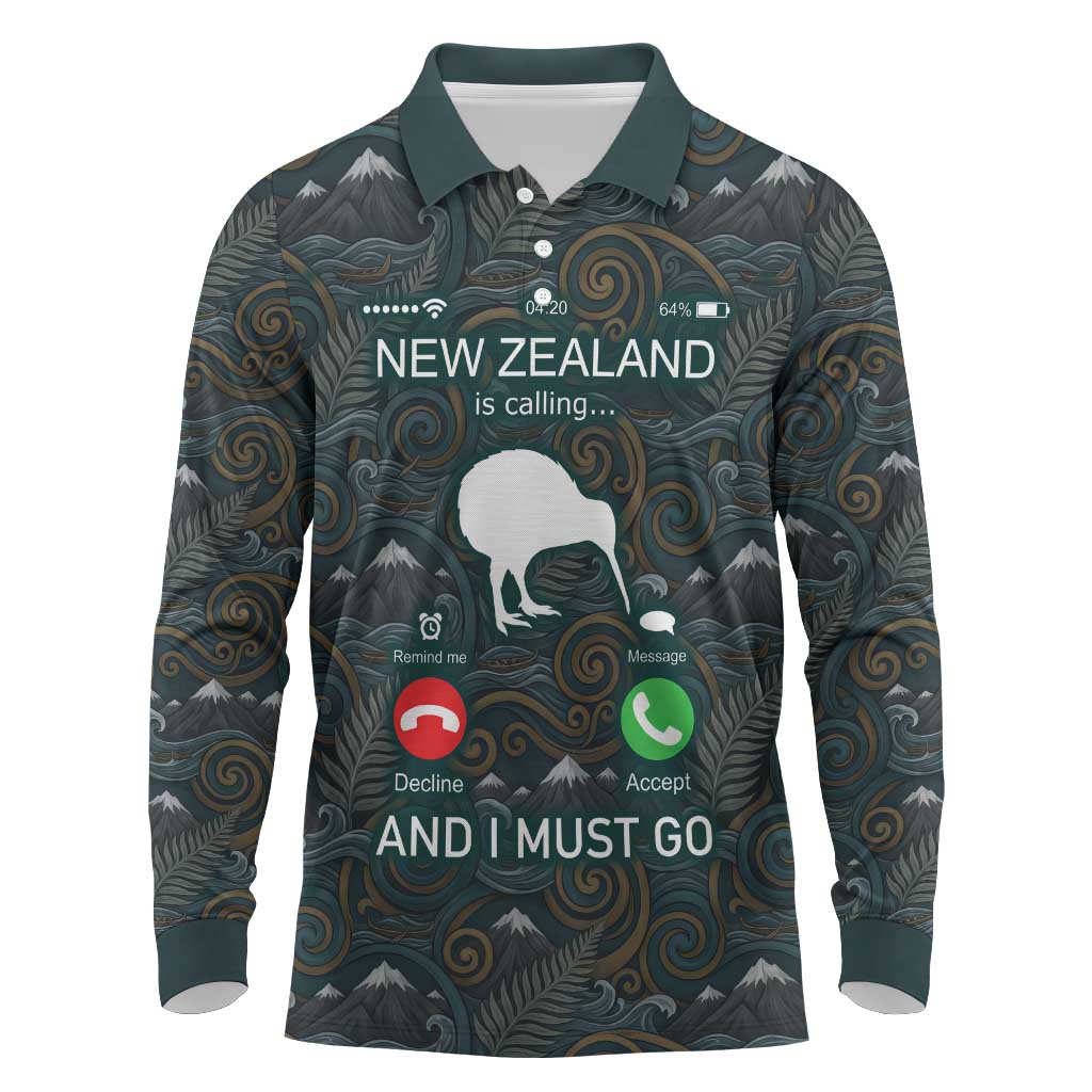 New Zealand is Calling and I Must Go Long Sleeve Polo Shirt Kiwi Bird Silhouette